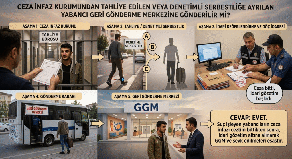 CEZA İNFAZ KURUMUNDAN TAHLİYE EDİLEN VEYA DENETİMLİ SERBESTLİĞE AYRILAN YABANCI GERİ GÖNDERME MERKEZİNE GÖNDERİLİR Mİ?