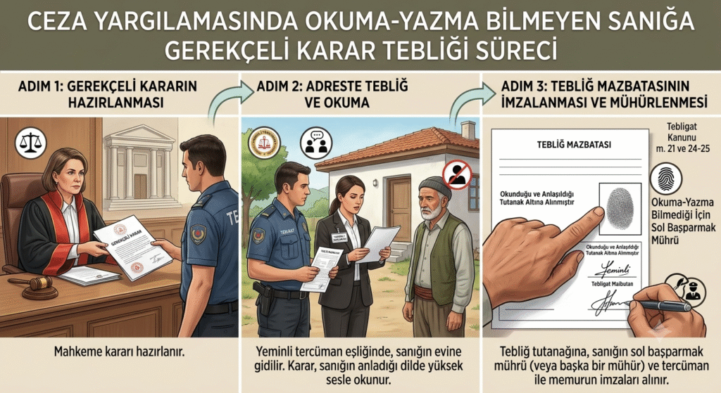 CEZA YARGILAMASINDA OKUMA YAZMA BİLMEYEN SANIĞA GEREKÇELİ KARAR NASIL TEBLİĞ EDİLİR?